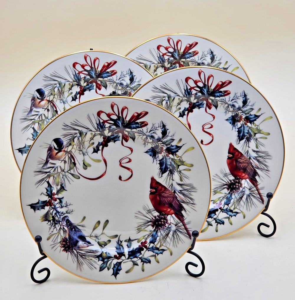 4 Lenox Winter Greetings Cardinal Salad Plates 8" Bone China 24K Gold Rim USA